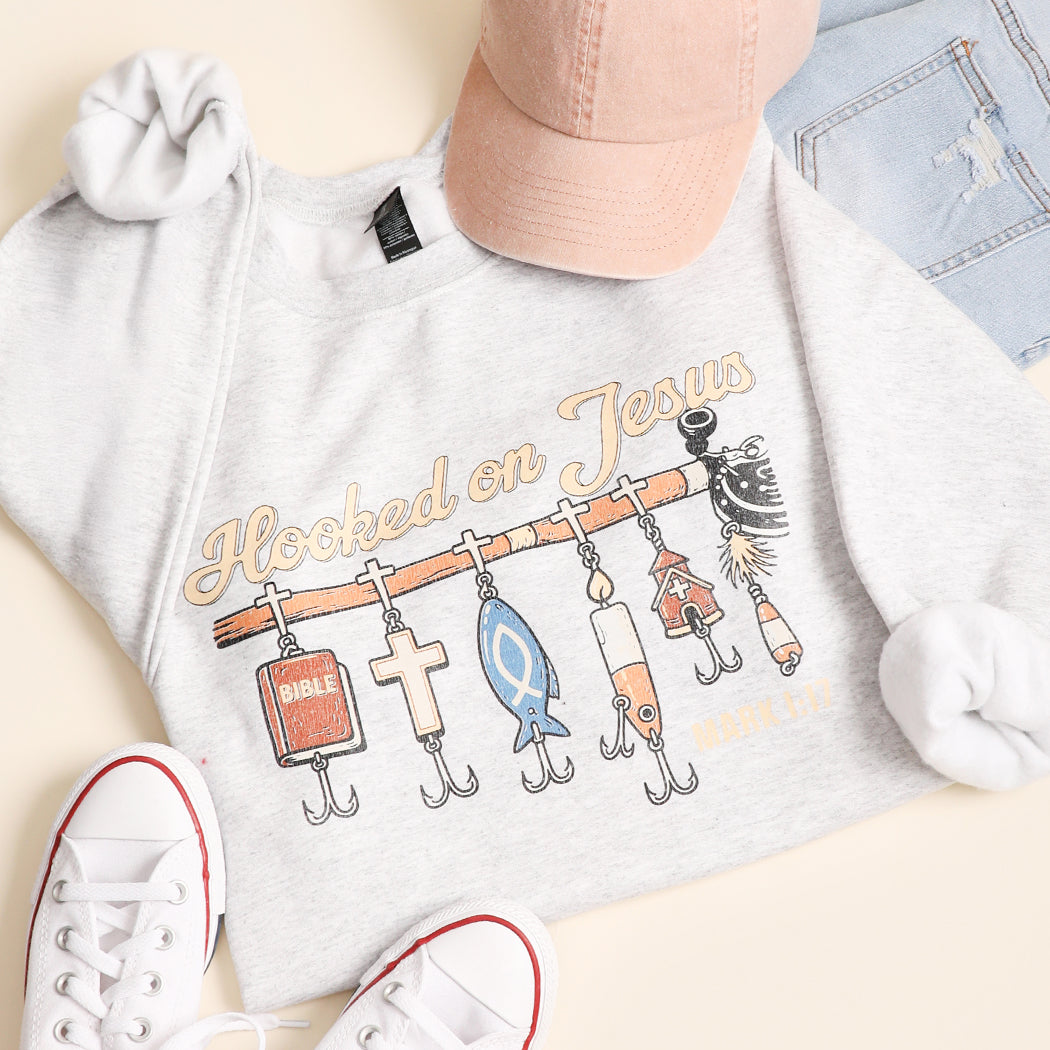 Hooked on Jesus graphic sweatshirt in ash grey