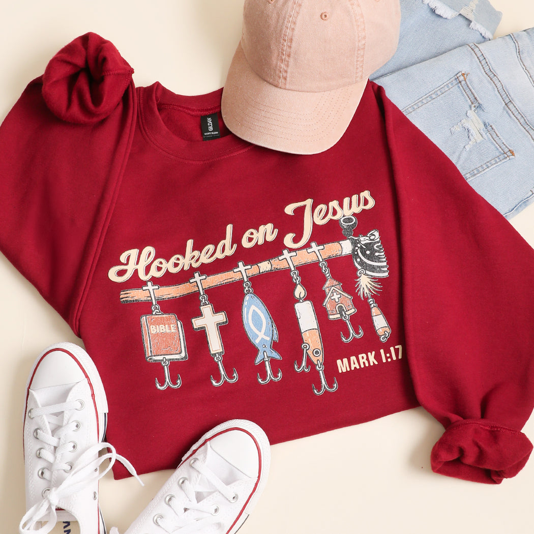 Hooked on Jesus graphic sweatshirt in burgundy