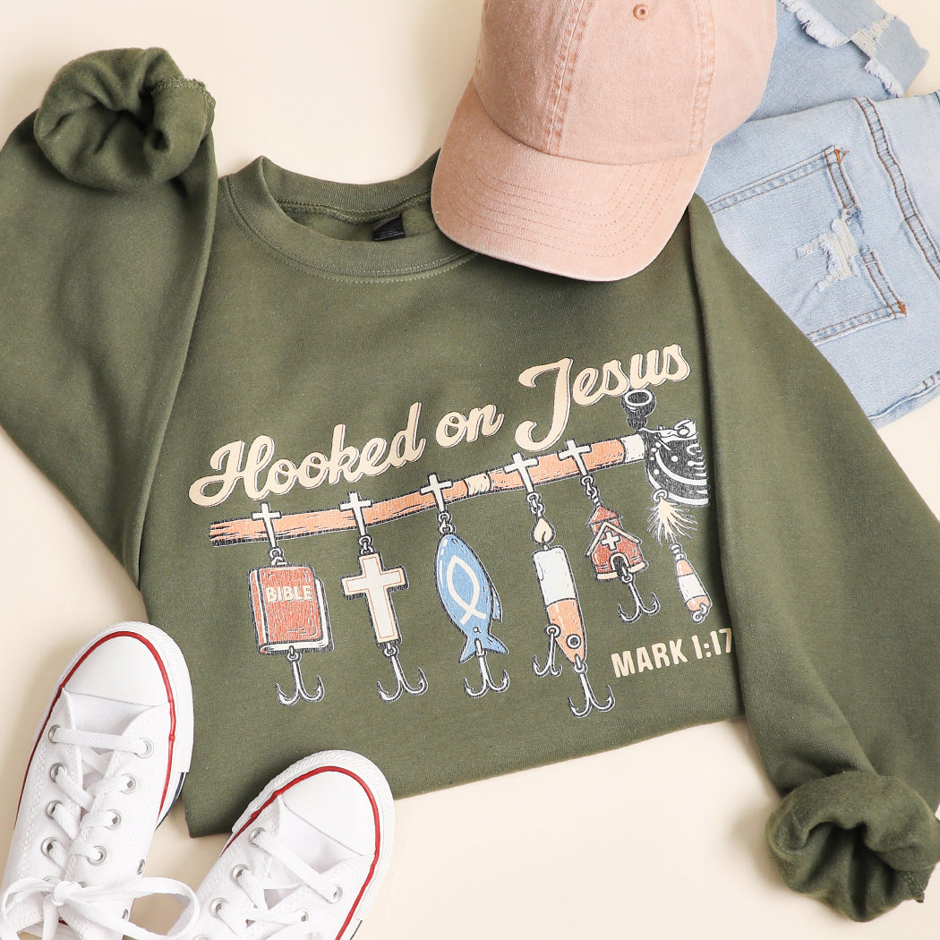 Hooked on Jesus graphic sweatshirt in military green