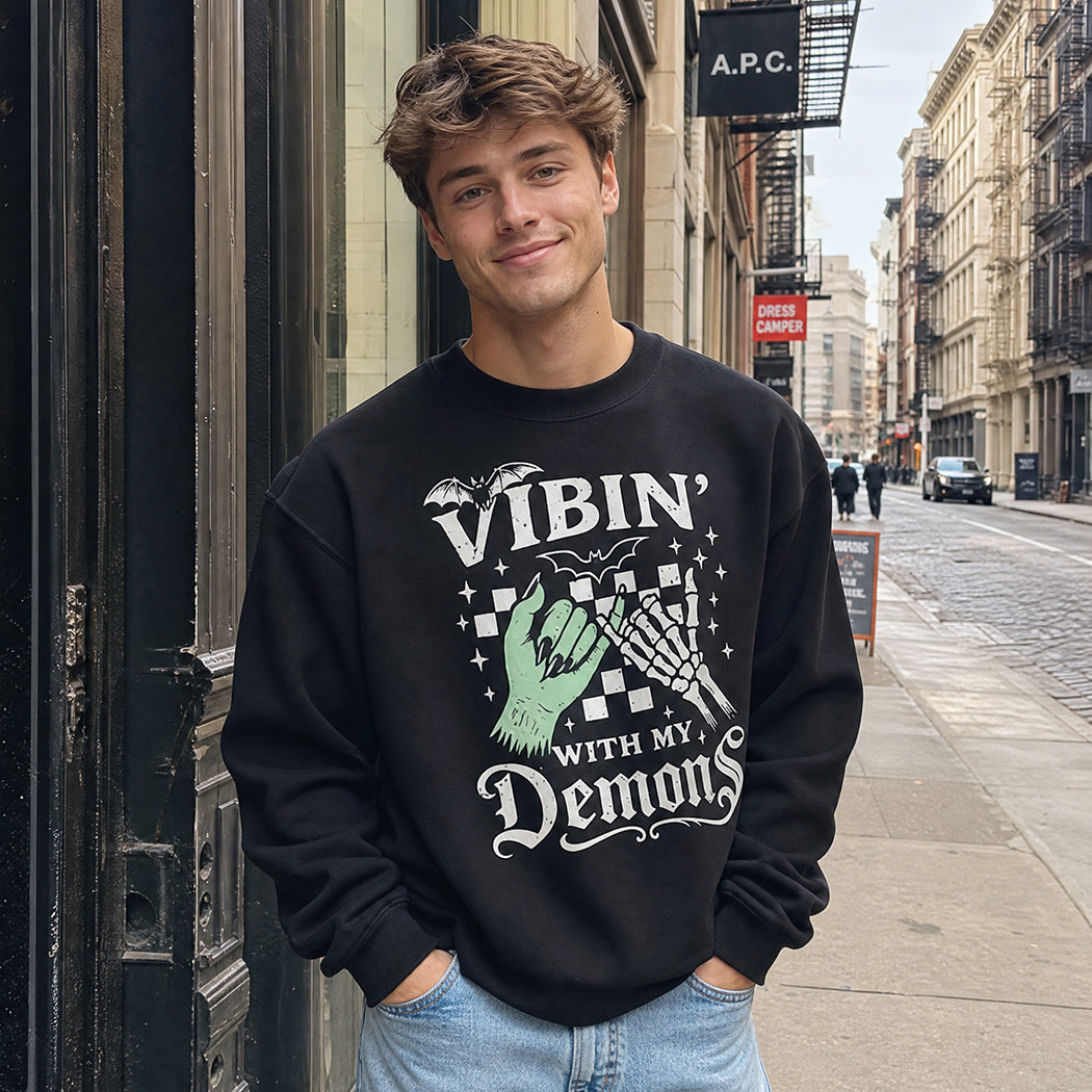 Vibin' With My Demons graphic heavyweight sweatshirt, front view