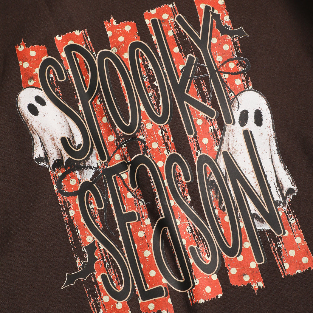Spooky Season ghost graphic sweatshirt in dark chocolate, detail view