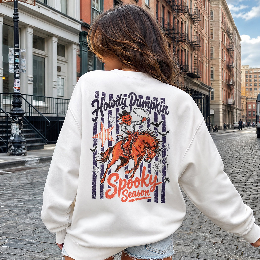 Howdy Pumpkin western graphic sweatshirt, front print detail