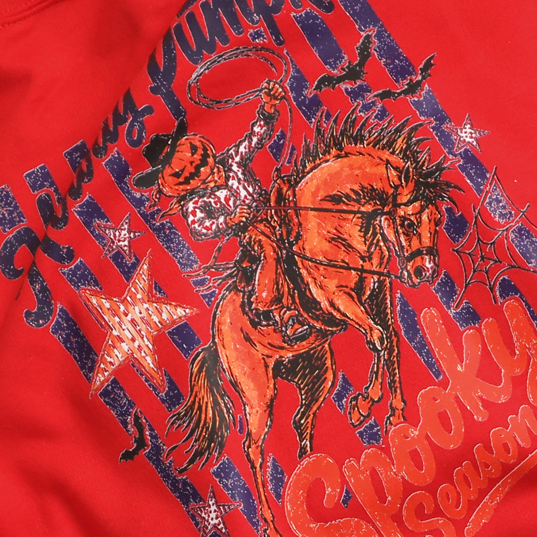 Howdy Pumpkin western graphic sweatshirt in red, detail view