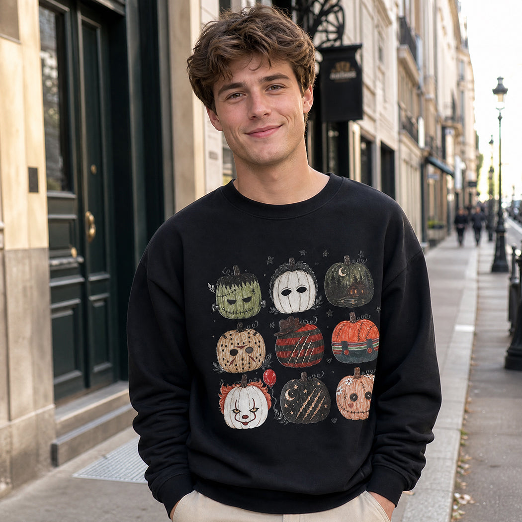 Model wearing Halloween Horror Pumpkins graphic sweatshirt