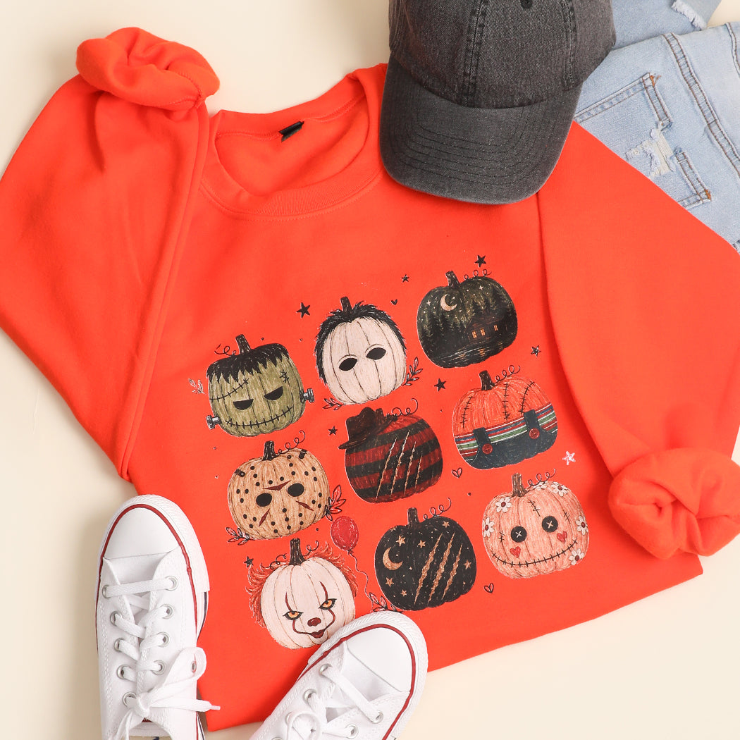 Halloween Horror Pumpkins graphic sweatshirt in orange