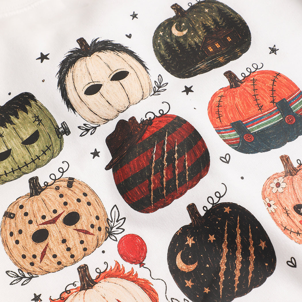 Halloween Horror Pumpkins graphic sweatshirt in white, detail view