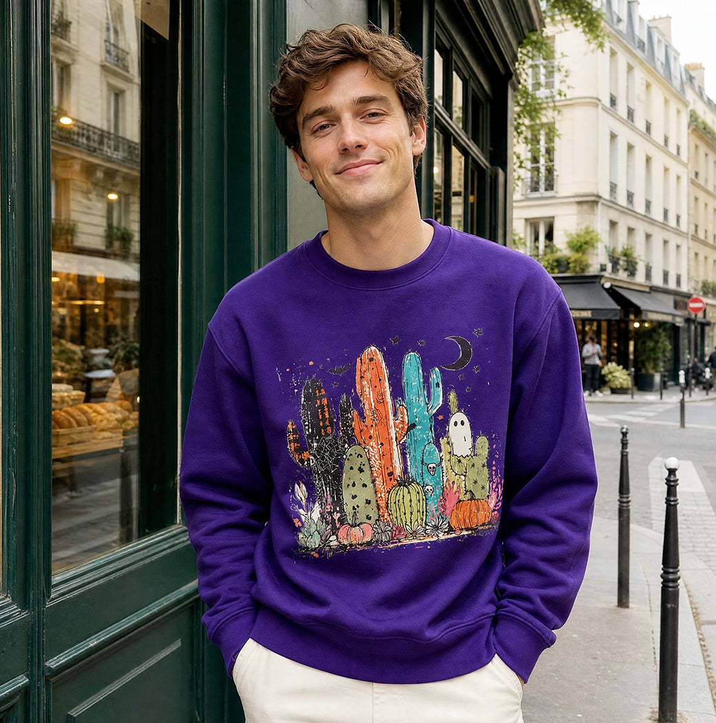Spooky Cactus ghost graphic sweatshirt, front print detail