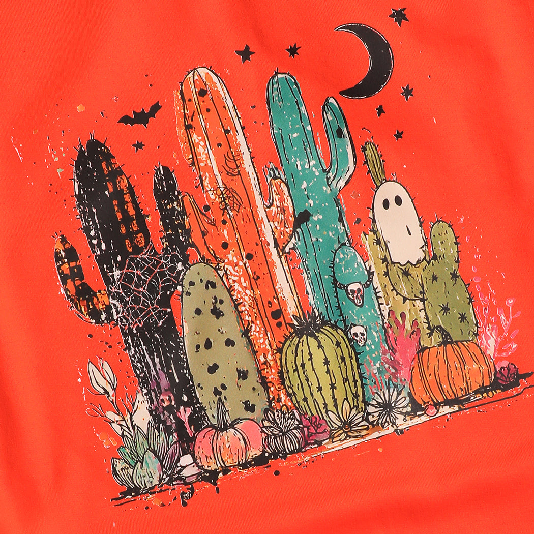 Spooky Cactus ghost graphic sweatshirt in orange, detail view