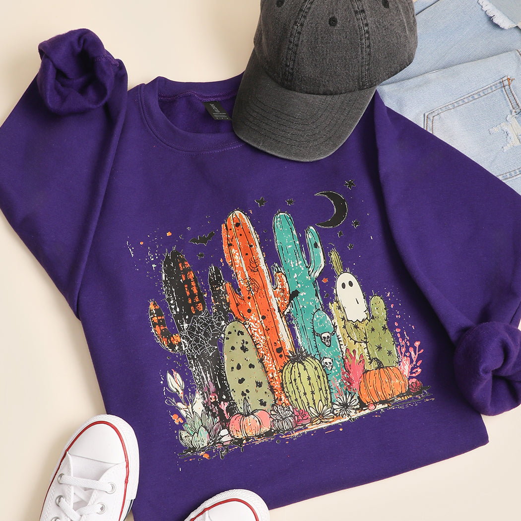 Spooky Cactus ghost graphic sweatshirt in purple