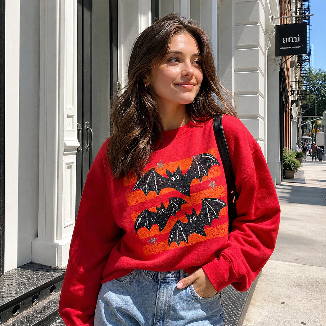 Halloween Bats striped graphic sweatshirt, front print detail
