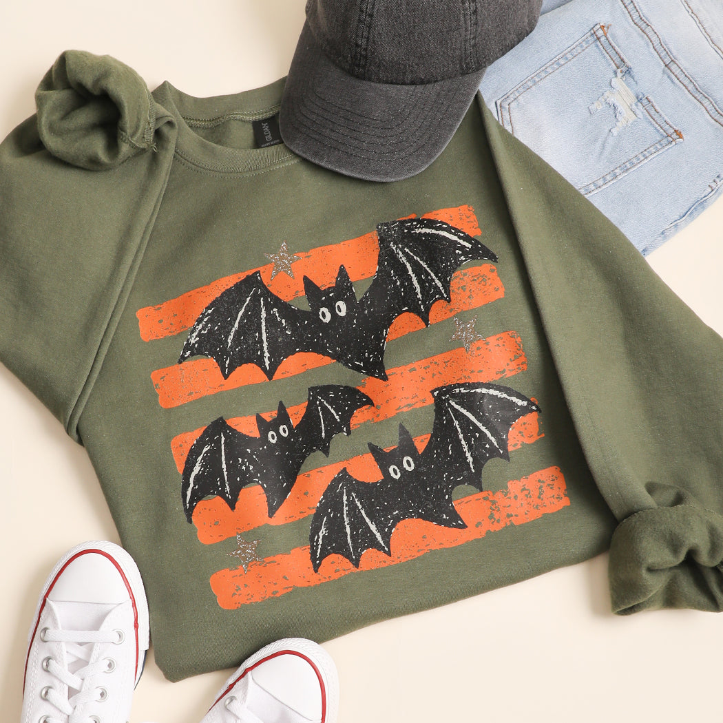 Halloween Bats striped graphic sweatshirt in military green