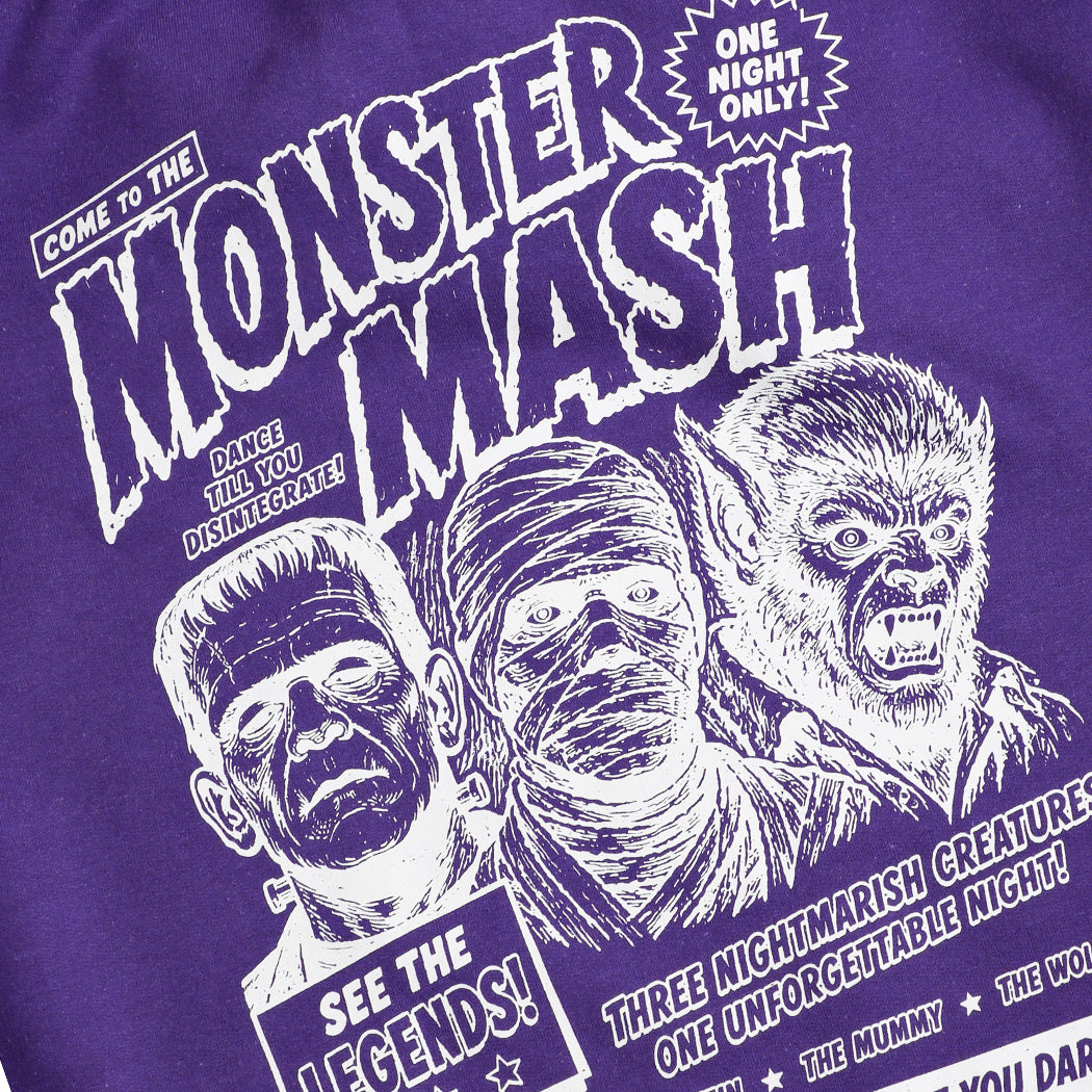 Monster Mash Halloween graphic sweatshirt in purple, detail view