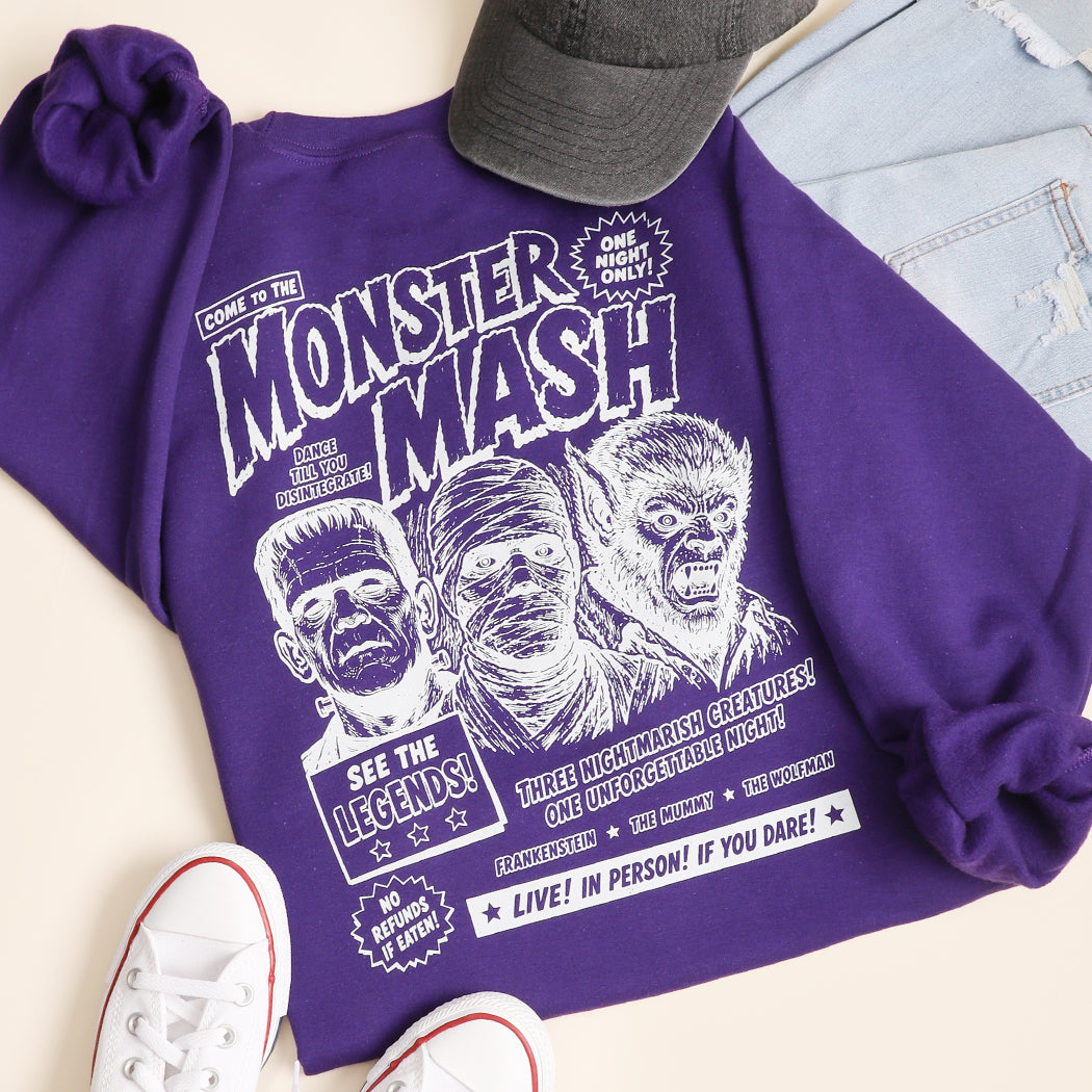 Monster Mash Halloween graphic sweatshirt in purple