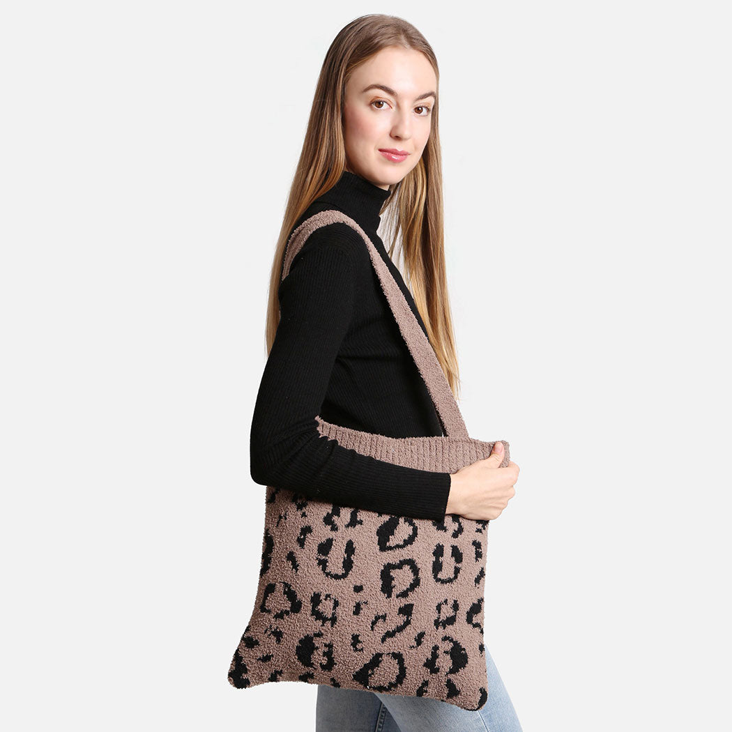 Cheetah Pattern Knit Shoulder Tote Bag - Fashion CITY