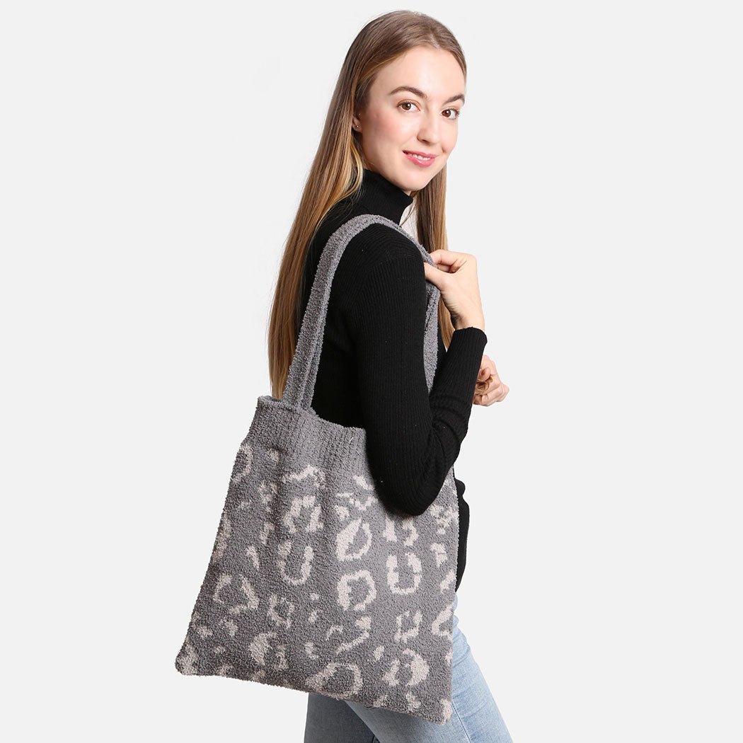Cheetah Pattern Knit Shoulder Tote Bag - Fashion CITY
