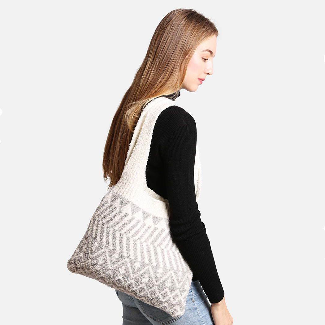Geometric Pattern Knit Shoulder Tote Bag - Fashion CITY