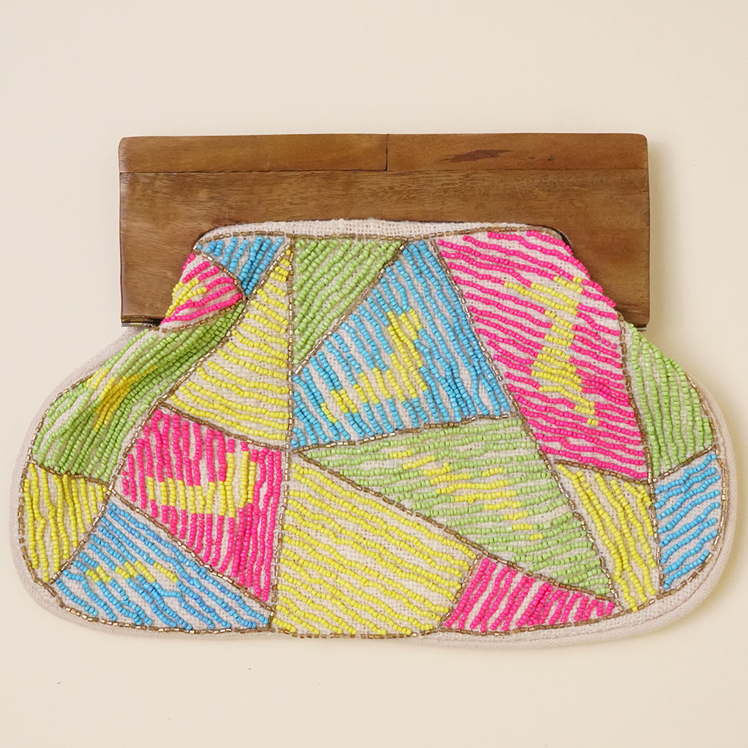 Colorful Beaded Wooden Frame Clutch Bag - Fashion CITY