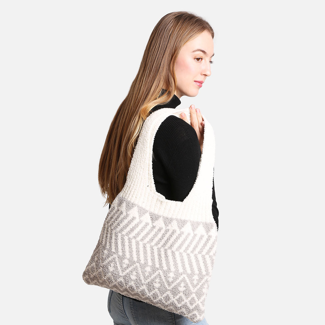 Geometric Pattern Knit Shoulder Tote Bag - Fashion CITY