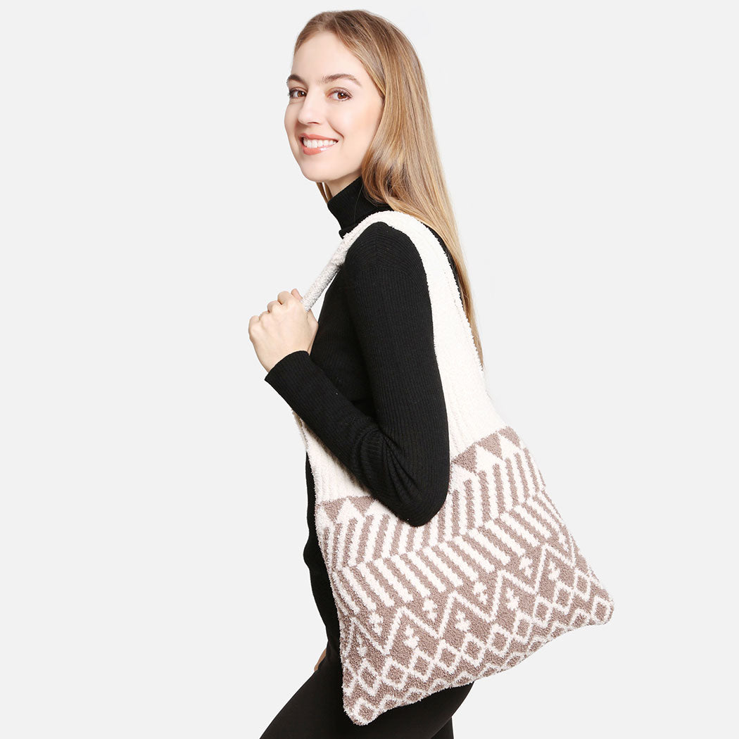 Geometric Pattern Knit Shoulder Tote Bag - Fashion CITY