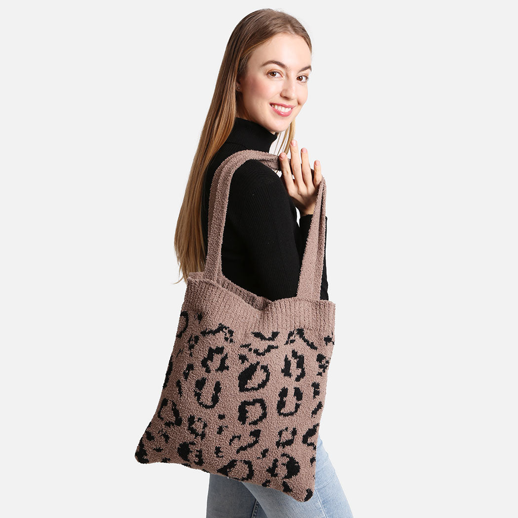 Cheetah Pattern Knit Shoulder Tote Bag - Fashion CITY