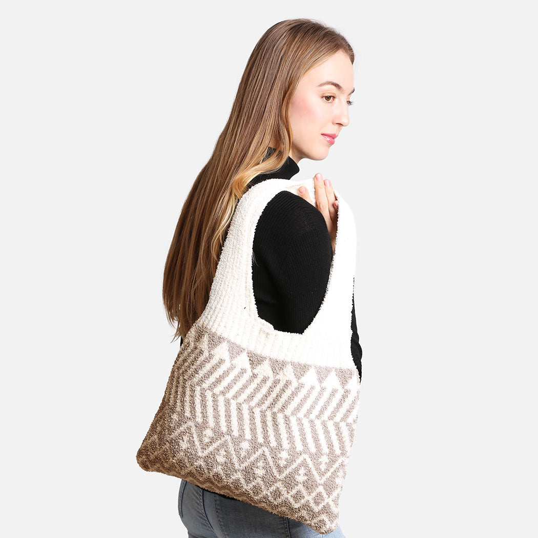Geometric Pattern Knit Shoulder Tote Bag - Fashion CITY