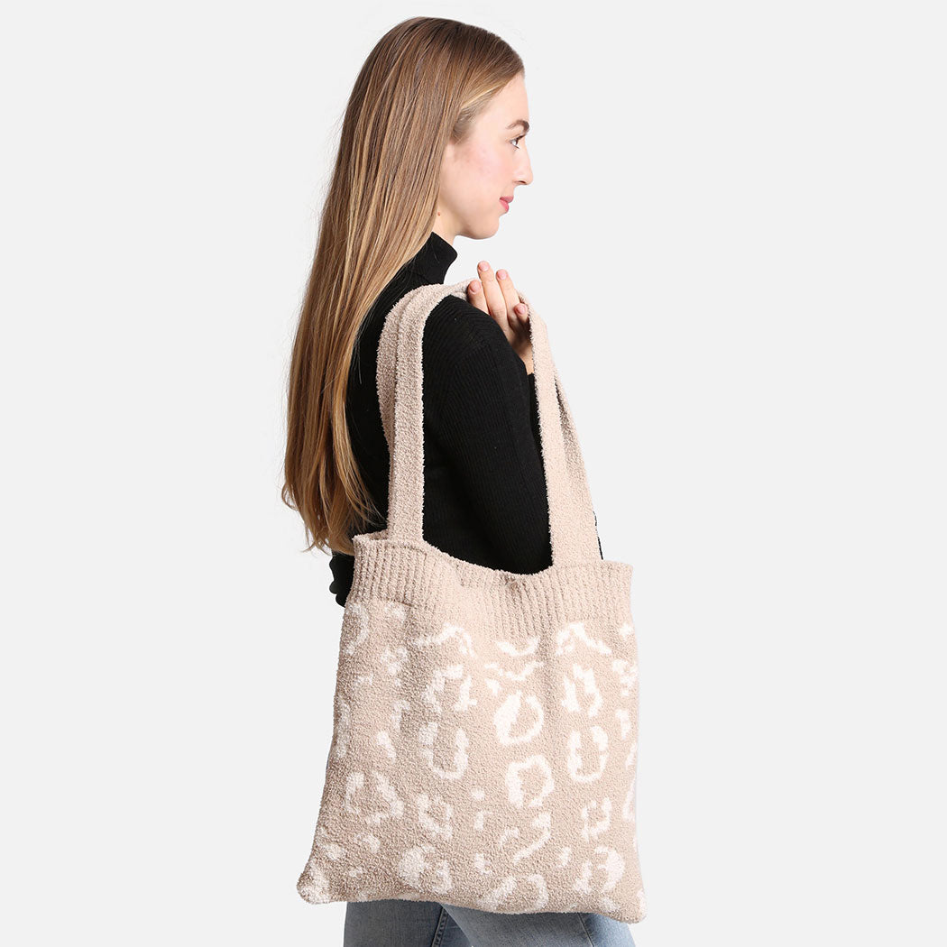 Cheetah Pattern Knit Shoulder Tote Bag - Fashion CITY