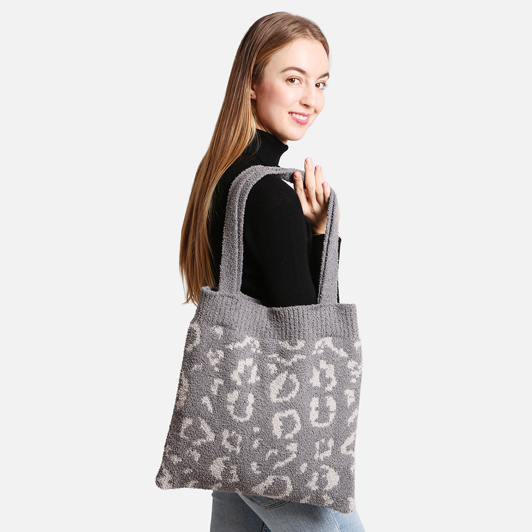 Cheetah Pattern Knit Shoulder Tote Bag - Fashion CITY