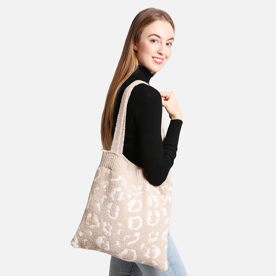 Cheetah Pattern Knit Shoulder Tote Bag - Fashion CITY