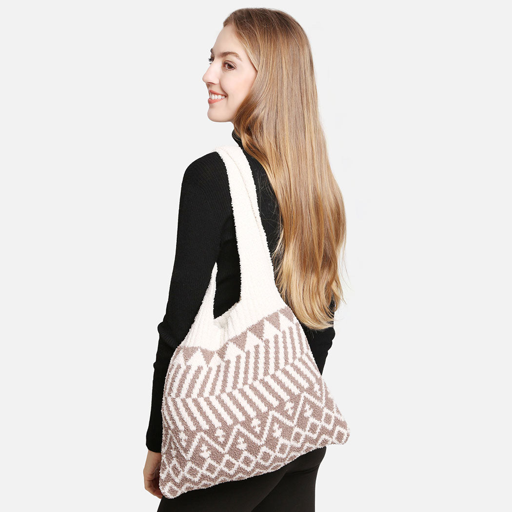 Geometric Pattern Knit Shoulder Tote Bag - Fashion CITY