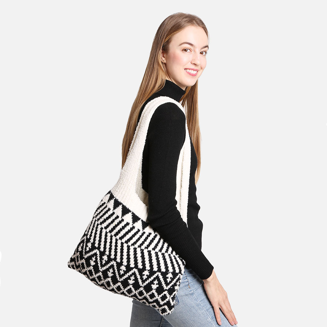 Geometric Pattern Knit Shoulder Tote Bag - Fashion CITY