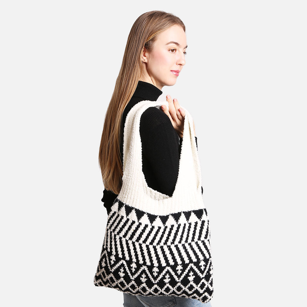Geometric Pattern Knit Shoulder Tote Bag - Fashion CITY