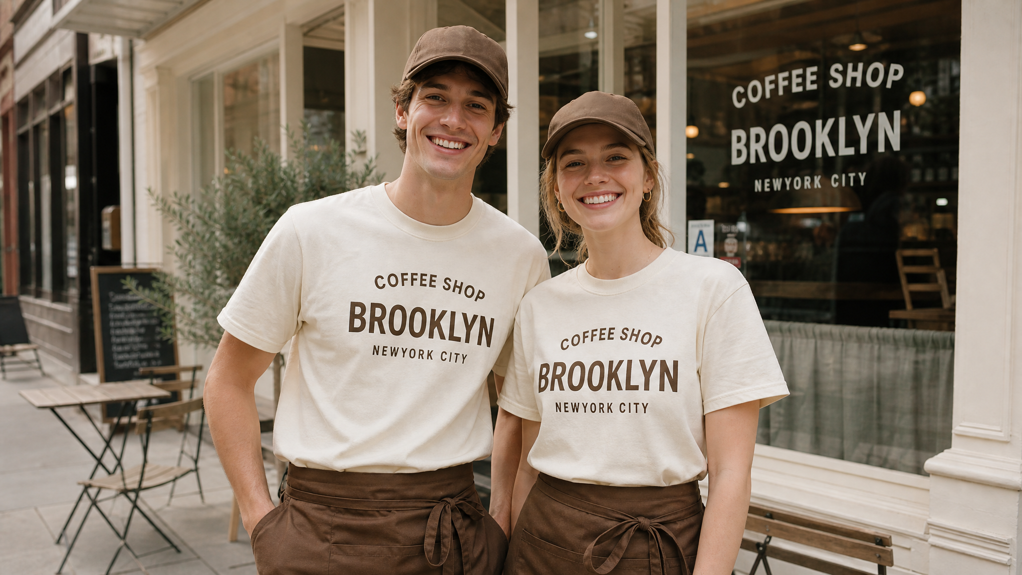 Cafe staff wearing matching custom printed t-shirts and embroidered caps
