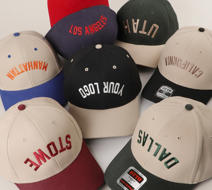 Custom embroidered baseball caps in assorted colors with city and logo embroidery