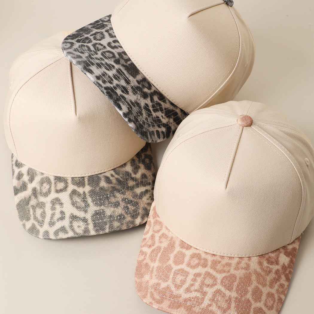 Two-tone leopard print brim trucker hat, lifestyle photo