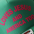 Model wearing Loves Jesus And America Too foam trucker hat