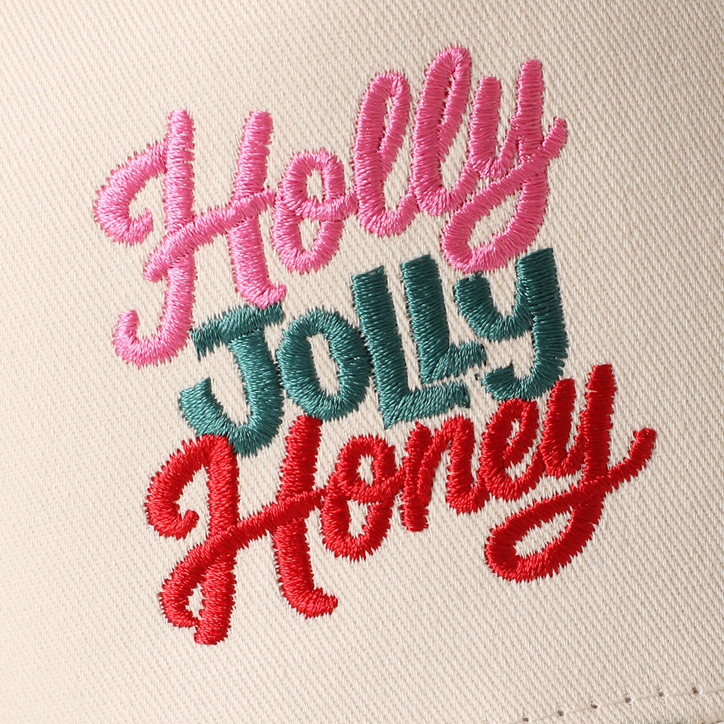 Holly Jolly Honey holiday brim trucker hat in red, back view