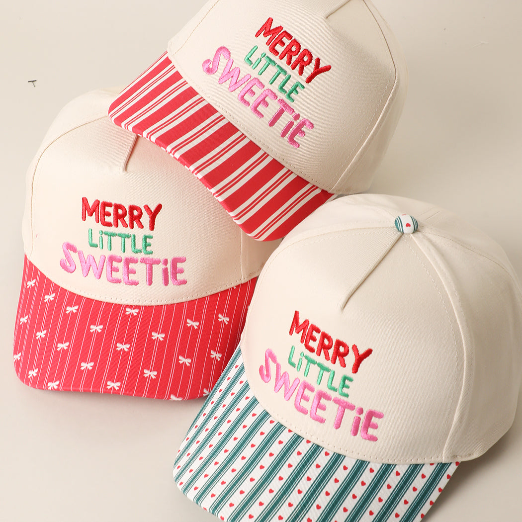Merry Little Sweetie embroidered holiday brim trucker hats in red and green