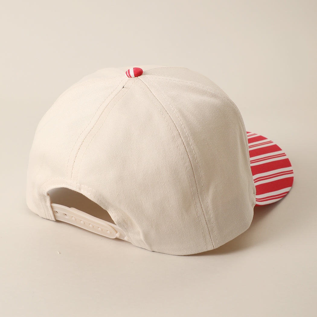 Gingerbread Kisses holiday striped brim trucker hat in red, back view
