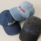 Amore embroidered washed denim baseball cap, front view alternate angle