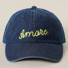 Amore embroidered washed denim baseball cap in royal blue