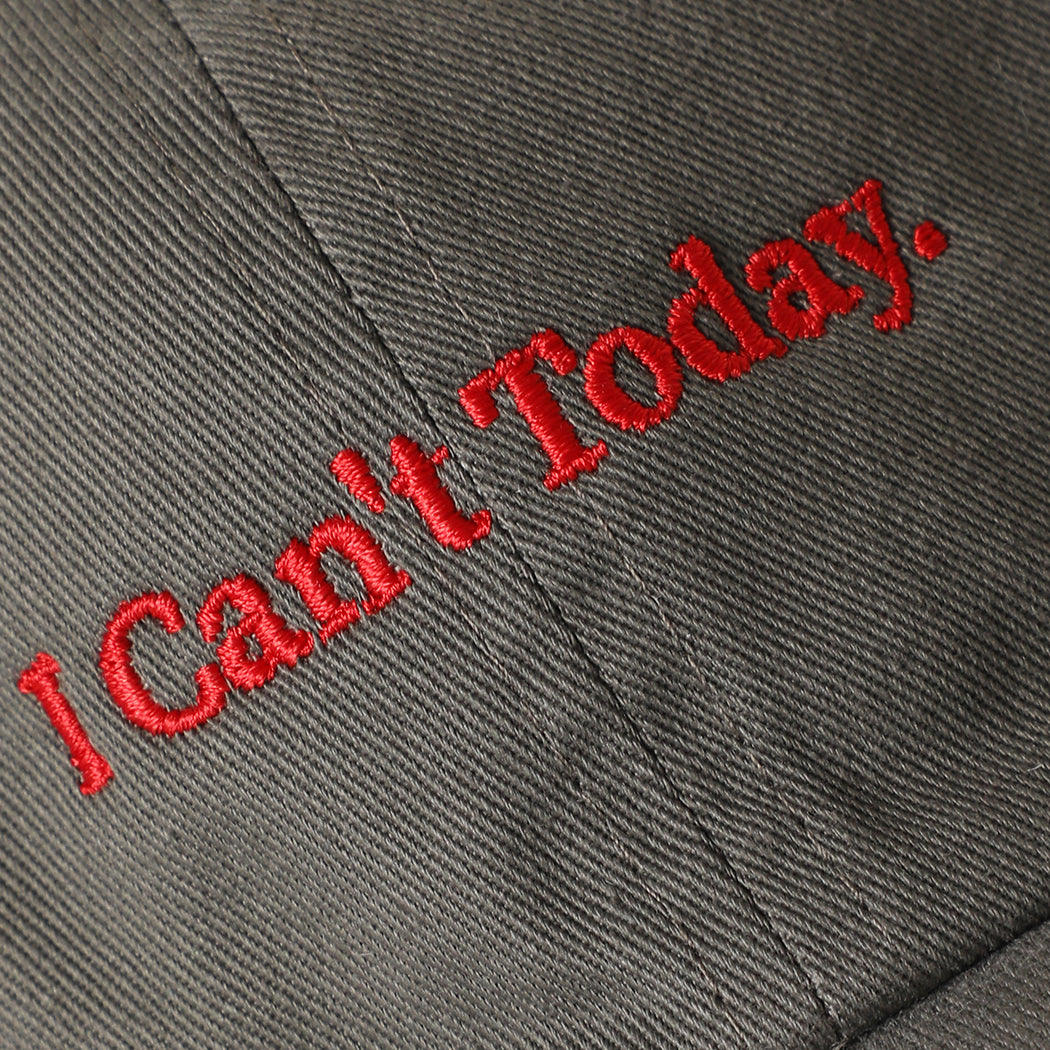 I Can't Today baseball cap in charcoal, angled view