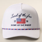 Land of the Free USA rope trucker hat in red white and blue