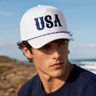 USA Letter embroidered rope trucker hat, detail view