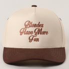 Blondes Have More Fun trucker hat in brown, front view