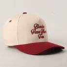 Blondes Have More Fun trucker hat in burgundy, back view