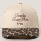 Blondes Have More Fun trucker hat in leopard, front view