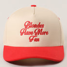 Blondes Have More Fun trucker hat in red, front view
