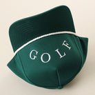 Golf Upside Down rope trucker hat in dark green and white, back view