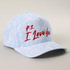 P.S. I Love You camo trucker hat in blue camo back view