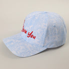 P.S. I Love You camo trucker hat in blue camo detail view
